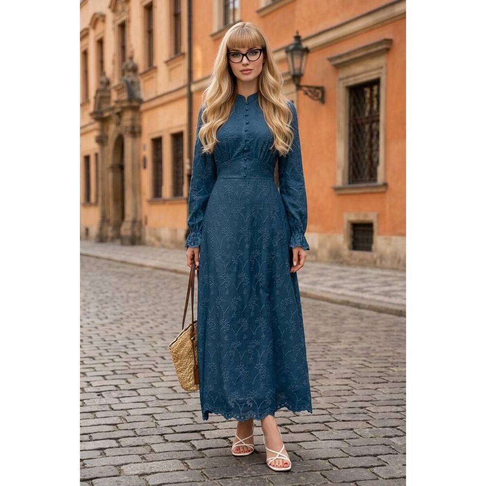 🩵⏭️NWT Blue Embroider Eyelet Lace Long Sleeve Dress Small